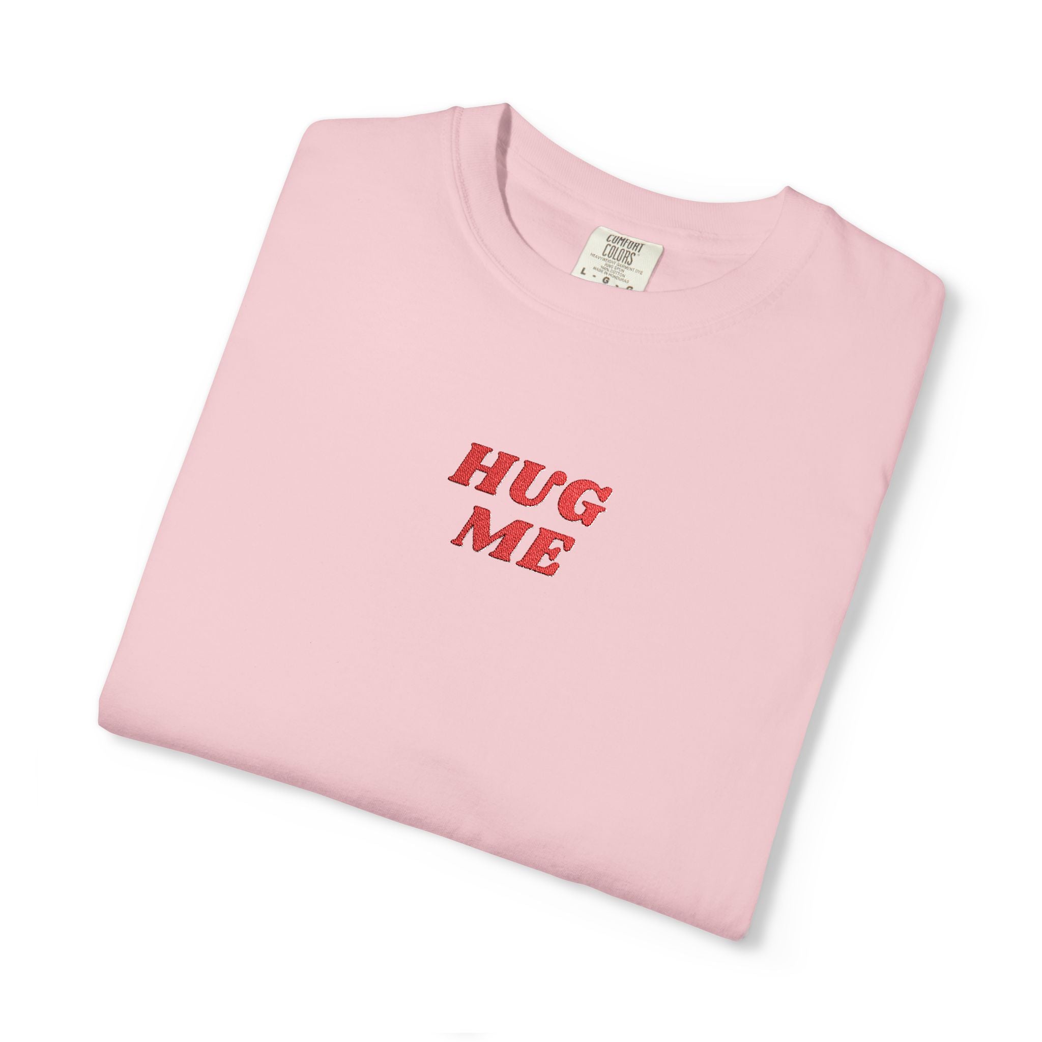 Hug Me Embroidered T-Shirt – Cute Minimalist Chest Graphic Tee, Funny Aesthetic Shirt, Soft Unisex Casual Top