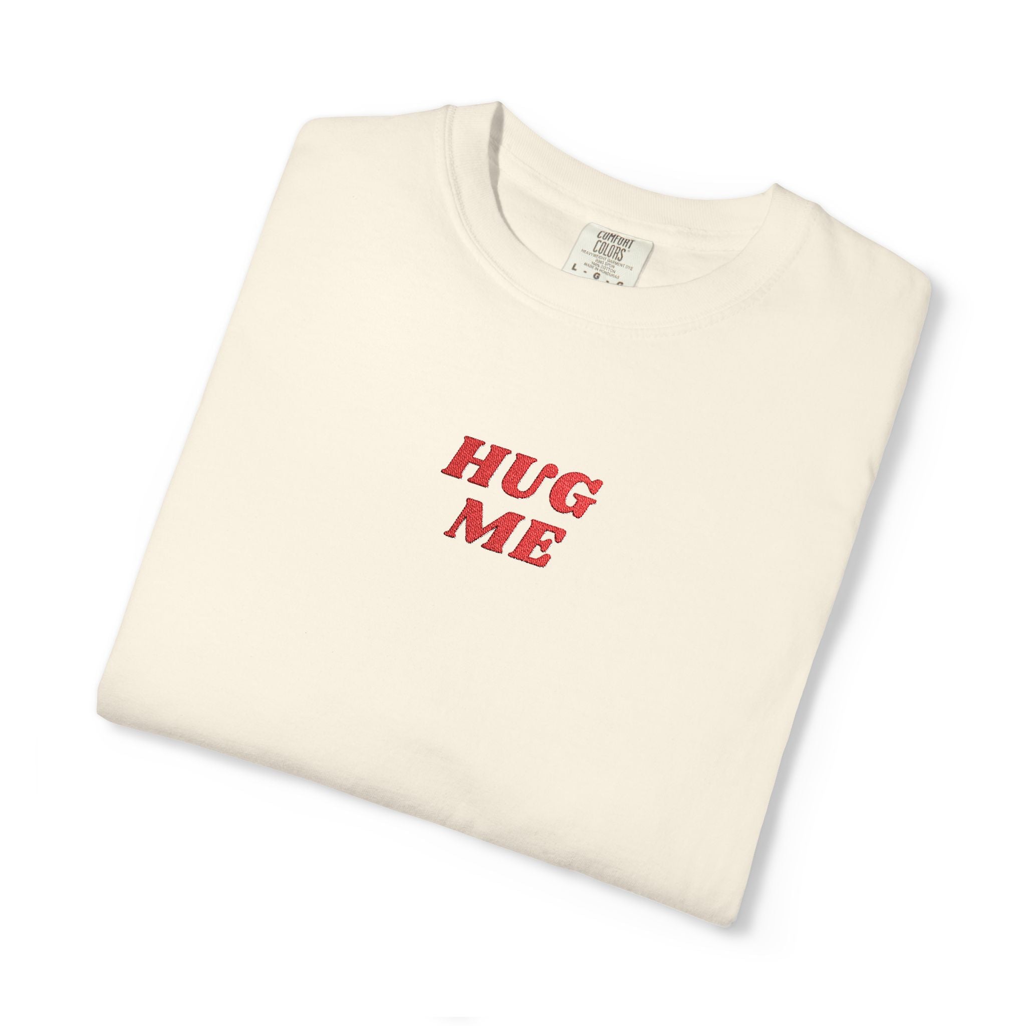 Hug Me Embroidered T-Shirt – Cute Minimalist Chest Graphic Tee, Funny Aesthetic Shirt, Soft Unisex Casual Top