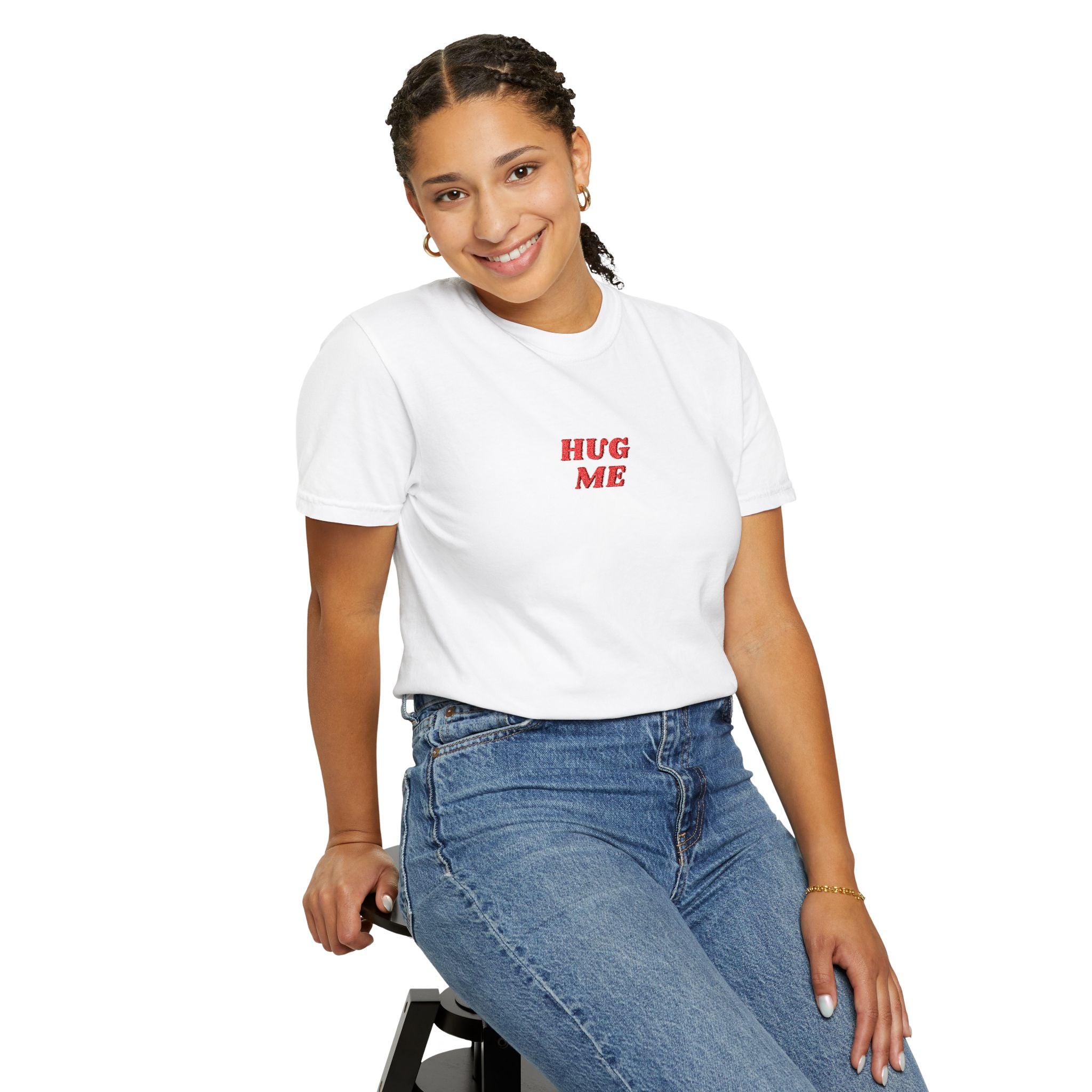 Hug Me Embroidered T-Shirt – Cute Minimalist Chest Graphic Tee, Funny Aesthetic Shirt, Soft Unisex Casual Top
