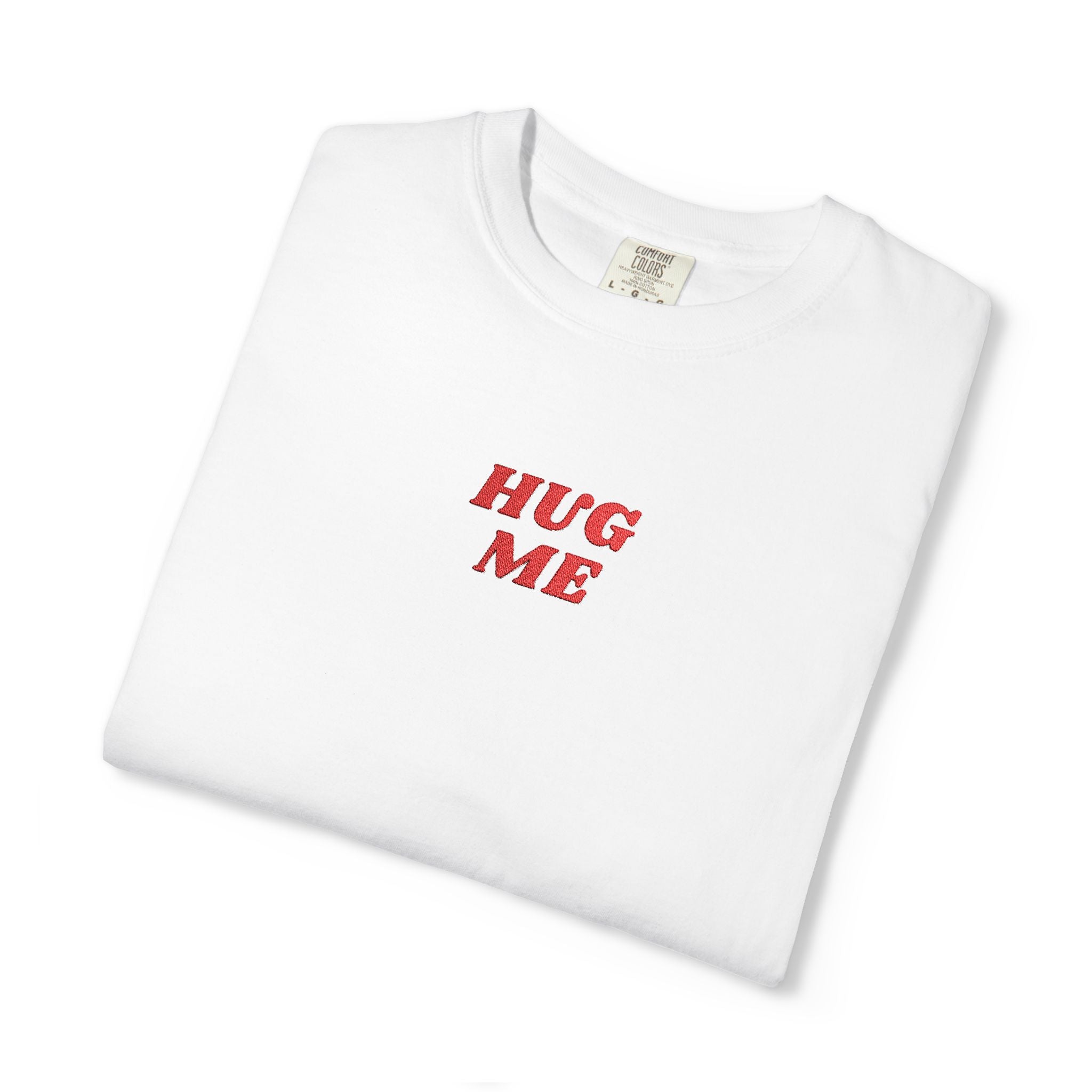 Hug Me Embroidered T-Shirt – Cute Minimalist Chest Graphic Tee, Funny Aesthetic Shirt, Soft Unisex Casual Top