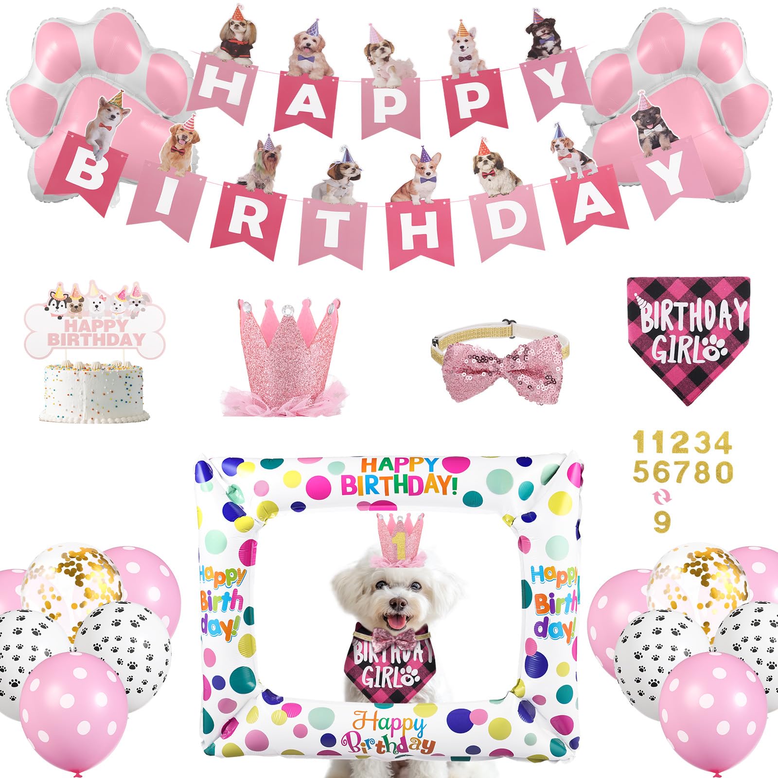 Dog Birthday Party Decoration Kit for Girl Dogs – Pink Puppy Birthday Supplies Set with Balloons, Banner & Crown