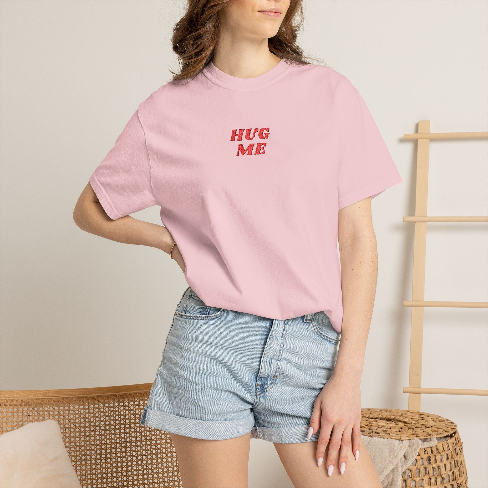 Hug Me Embroidered T-Shirt – Cute Minimalist Chest Graphic Tee, Funny Aesthetic Shirt, Soft Unisex Casual Top